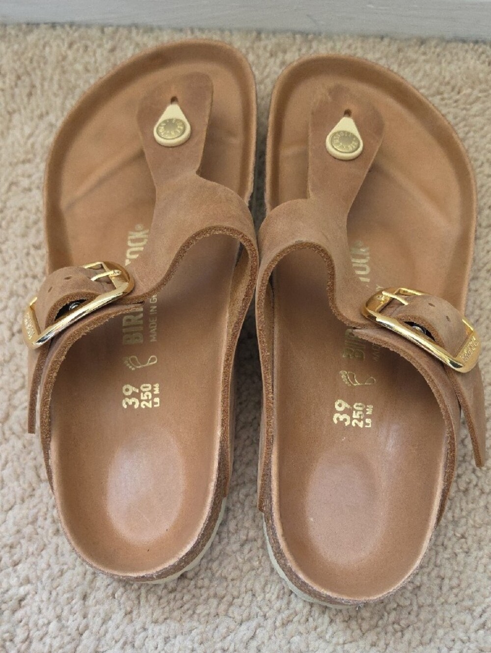 Birkenstock Brown Suede Gizeh Sandals with Gold Buckles - Picture 2 of 9